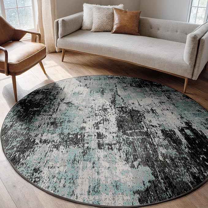 Washable Area Rugs 8ft Non-Slip Modern Abstract Soft for Living Room Entryway Bedroom Nursery, Print Pattern, Blue Black Teal