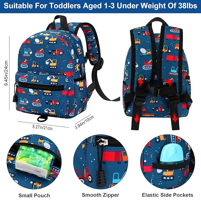 Accmor Toddler Backpack with Leash, Cute Baby Backpack with Anti Lost Wrist Link, Mini Kids Backpack Leash Walking Harness for Travel, Adjustable Excavator Backpack Tether for Boys Girls Ages 1-3