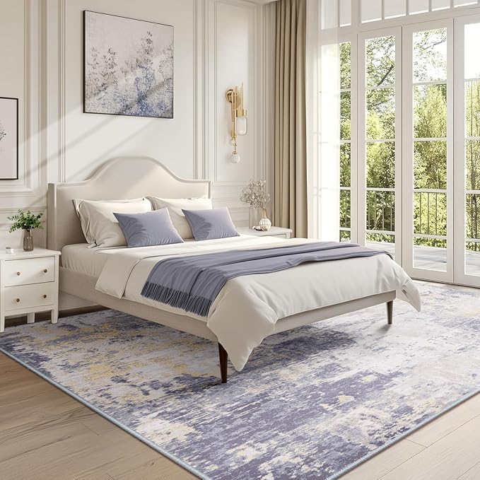 Washable Area Rugs 6'x9' Non-Slip Modern Abstract Soft for Living Room Entryway Bedroom Nursery, Print Pattern, Purple Grey Cream Yellow