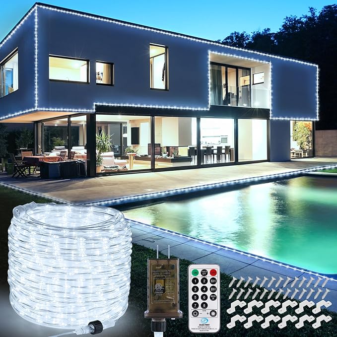Connectable 66ft 800 LED Rope Lights Outdoor, Cool White Strip Lights Plug in, Outdoor String Lights Waterproof Decorative Lighting for Deck Patio Yard Garden Pathway Pool Camping Room Indoor Décor