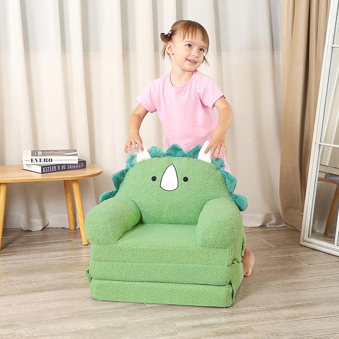 Foldable Kids Sofa, Triceratops Toddler Couch With Tri Folding Foam Cushions, Comfy Couch for Ages 18 Months and Up