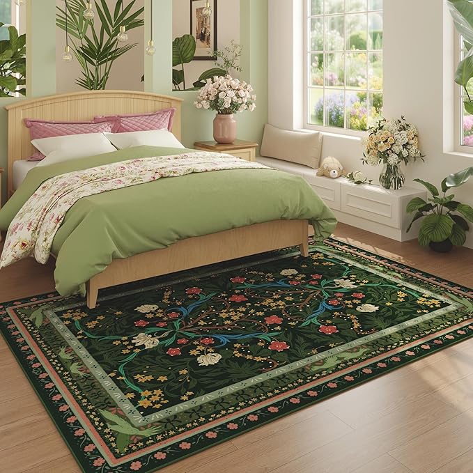 Area Rugs 8x10 for Living Room Clearance Washable Vintage Floral Botanical Rug Non Slip Low Pile Large Rug for Bedroom, Farmhouse, Dining Room, Kids Playroom, Green