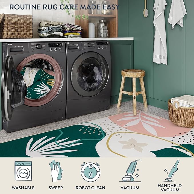 Lahome Area Rugs 4x6 Washable Soft Bedroom Rugs - Non-Slip Ultra-Thin Rugs for Entryway Stain Resistant Floor Rug, Boho Botanical Print Indoor Rug for Living Room Kitchen Office (4'x6',Green/Pink)