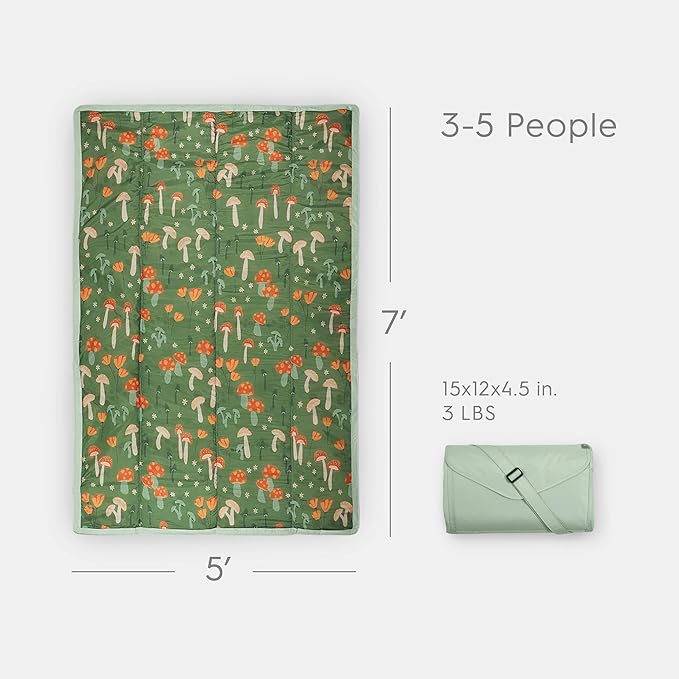 Little Unicorn 5'x7' Outdoor Family Picnic & Beach Blanket | Durable & Water-Resistant Fabric | Compact Fold & Easily Wipes Clean | Zipper Pocket (Woodland Mushroom)