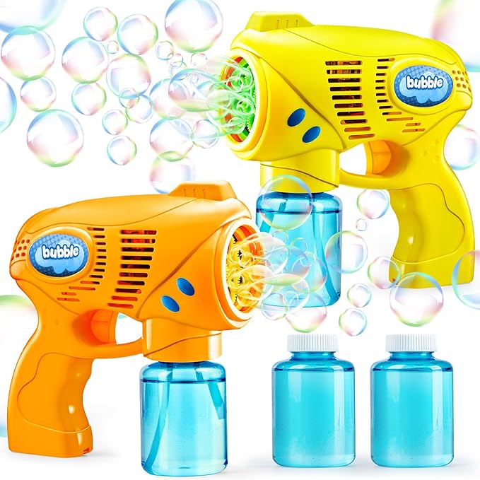 JOYIN 2 Bubble Guns with 2 Refill Solution (10 oz Total), Bubbles Maker, Blower for Kids, Toddlers, Outdoors Activity, Birthday Gift, Easter Basket Stuffers (Yellow+Orange)
