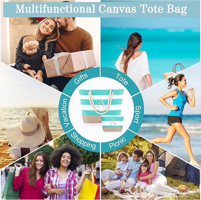 YOOLIFE Initial Canvas Waterproof Beach Tote Bag Zipper Personalized Gifts for Women Her Birthday Travel Beach Essential