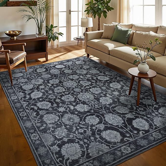 6x9 Area Rug for Living Room & Bedroom, Washable Non-Slip Vintage Distressed Rugs, Floral Soft Carpet, Low Pile Wool Carpets for Indoor Dining Home Office Playroom Under Table, Black