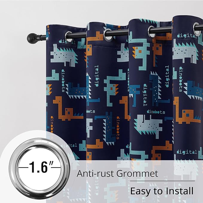 Kids Blackout Curtains - Pixel Dinosaur Curtains, 100% Blackout, 2 Panels, Each W52×L84, Thermal Insulated, Noise Reducing for Kids Bedroom, Bring a Playful and Retro Touch to Your Child’s Room