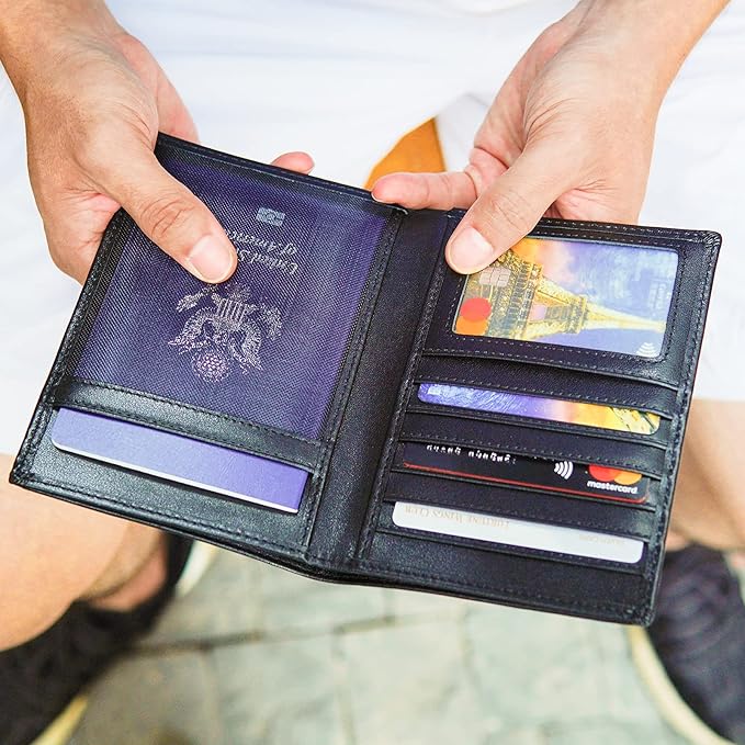 Polare RFID Blocking Napa Leather Passport Holder Travel Wallet For Men and Women (Black)