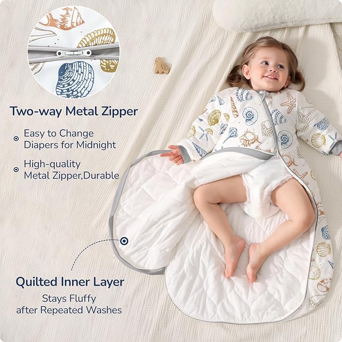 Baby Sleep Sack 12-18 Months, Cotton Detachable Long Sleeve Sleep Sack, 2.5 Tog Toddler Sleeping Sack with Temperature Strips, 2-Way Zipper Wearable Blankets for Newborns, Ocean