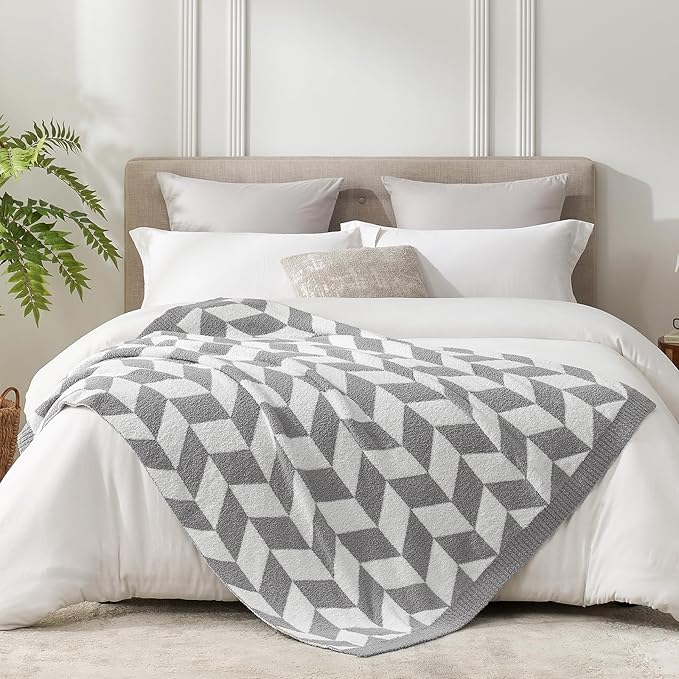 Snuggle Sac Chevron Throw Blanket for Couch, Reversible Super Soft Warm Blankets Cozy Knit Fuzzy Plush Lightweight Throws for Sofa, Bed, Camping,Grey,50x60 inches