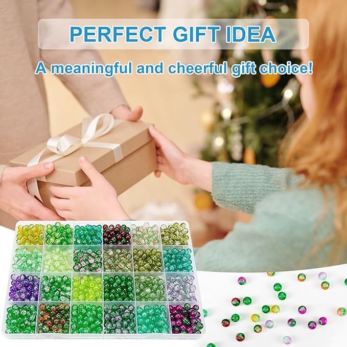 XSEINO About 1200pcs 6mm Cracked Glass Beads Bracelet Making Kit,24 Style Crack Mystic Green Series Colorful Crystal Beads for Jewelry Bracelet Making,DIY Crafts,Friendship Bracelets