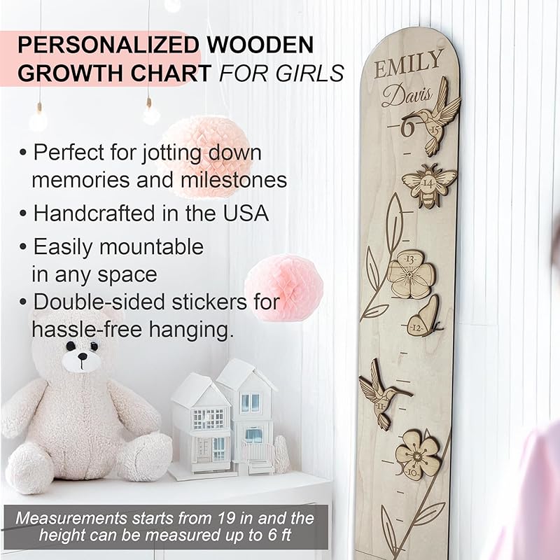 Personalized Wooden Growth Chart for Wall - Custom Name Kids Measurement Growth Chart for Girls, Child Height Measuring Chart Wooden, Baby Height Chart Wall Ruler Wood Wildlife Butterfly, 2 Sizes
