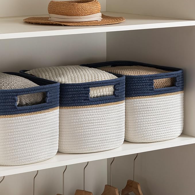 UBBCARE 4 Pack Baskets for Organizing, Woven Storage Baskets with Label for Toys and Towel, Rectangle Cotton Rope Basket with Handles, 15''L x10''W x9''H, Navy Blue&White