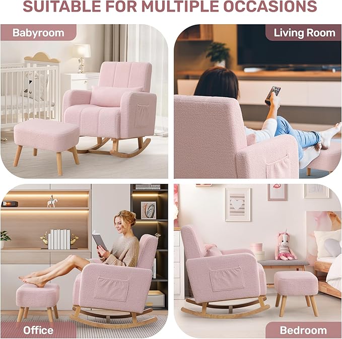 Rocking Chair with Ottoman, Upholstered Nursing Glider Rocker with High Backrest and Side Pocket, Comfy Reading Chair with Solid Wood Legs for Nursery/Living Room/Bedroom Pink
