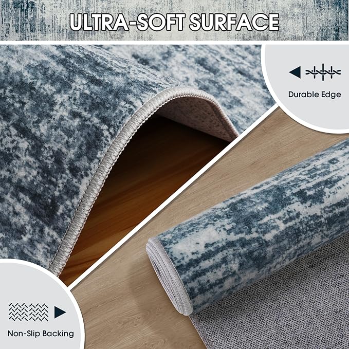 Area Rugs 8x10 Living Room Rugs: Modern Abstract Washable Rug with with Non-Slip Backing, Stain Resistant Indoor Floor Large Carpet for Bedroom Dining Room Table Nursery Hallway Home Office-Blue/Ivory