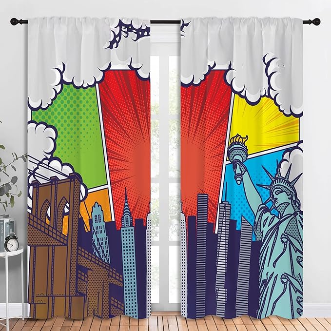 City Rod Pocket Blackout Curtains for Boy Girl Bedroom, Pop Art Style New York Cityscape Home Energy Efficient Light Filtering Window Curtain for Living Room, 84x84 inch