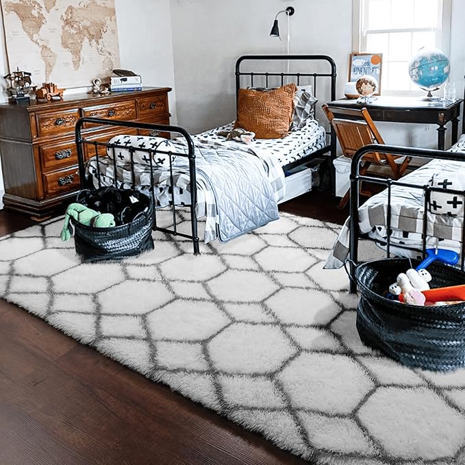 ONASAR 8x10 Area Rugs for Living Room, Washable Fluffy White and Grey Rug for Bedroom, Geometric Moroccan Indoor Shaggy Boho Soft Plush Floor Carpet for Kids Teen Nursery Dorm Home Decor Aesthetic