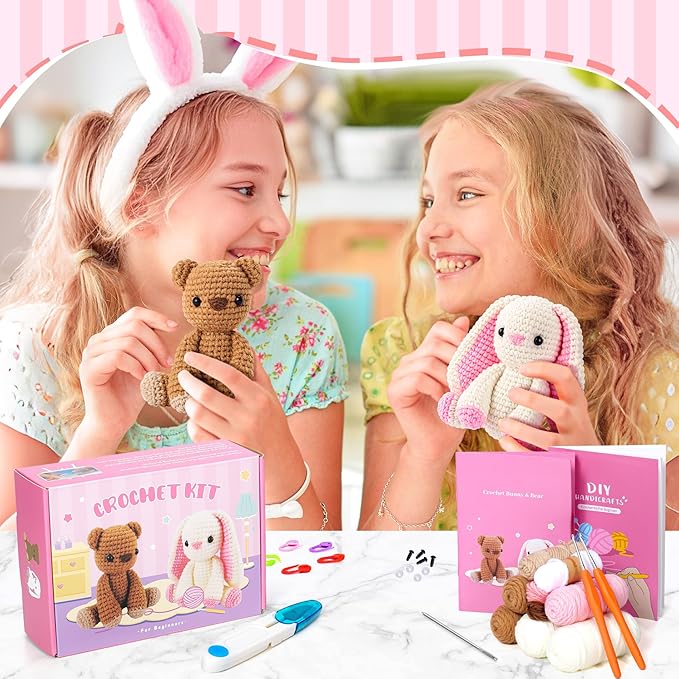 Crochet Kit for Beginners, Bunny and Bear Crochet Animal Kit with Step-by-Step Video Tutorials, Crocheting Kit for Starters, Beginner Crochet Kit for Kids and Adults, DIY Stuffed Animal Knitting Kit