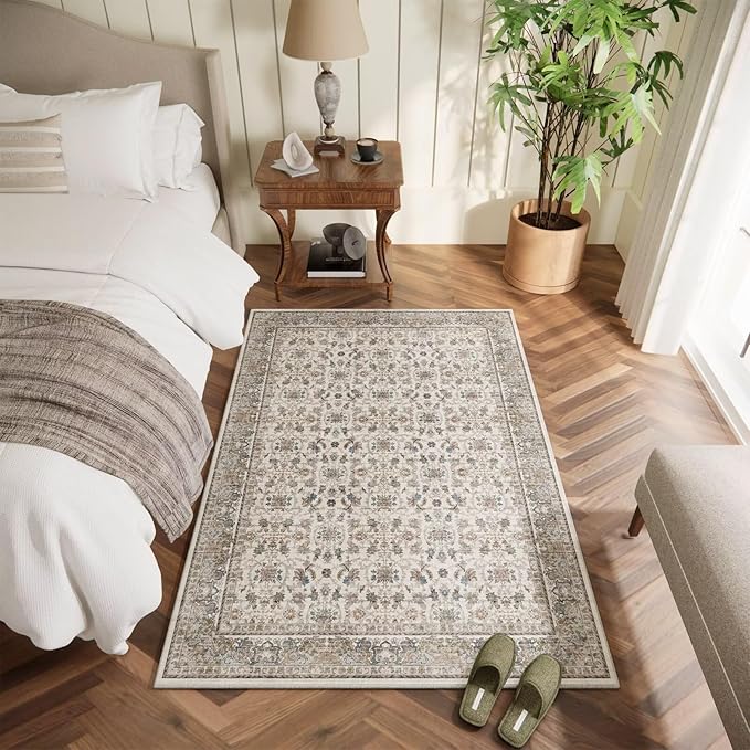 Washable 4x6 Rugs for Living Room, Boho Non-Slip Silicone Backing Small Rugs for Bedroom Nursery Office, 0.3" Neutral Oriental Throw Carpet with 0.16" Cushioning Pad, Cream/Multi