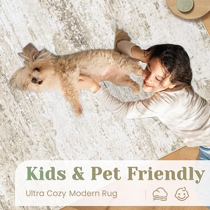 Washable Rug 8x10 Area Rugs for Living Room: Large Neutral Soft Rug Abstract Non Slip Low Pile Modern Carpet for Bedroom Kitchen Nursery Office Dining Room Indoor (Beige, 8'x10')