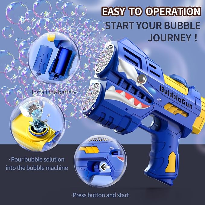 Rechargeable Blue Shark Bubble Guns for Kids, LED Light Up Bubble Machine Blower with 2 Bottles Bubble Refill Solution for Kids, Bubble Makers Blaster for Toddlers, Summer WeddingToys Gift