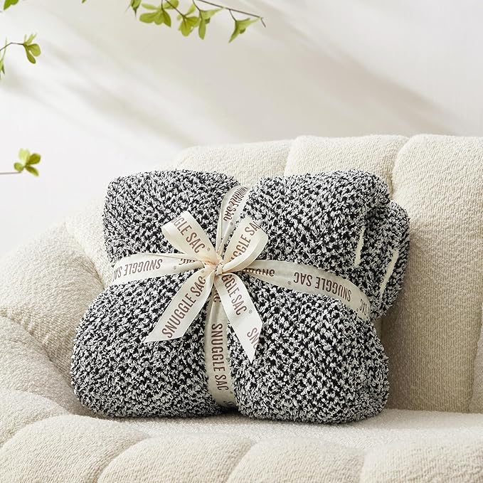 Snuggle Sac Heather Black Throw Blanket for Couch, Reversible Super Soft Micorfiber Blankets Dupes Warm Cozy Knit Fuzzy Plush Throws for Sofa, Bed, Heather Black, 50x60 inches