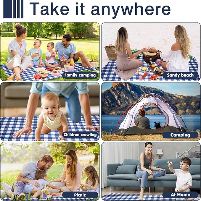 Extra Large Picnic Blanket 80''x 80'' Waterproof Foldable Picnic Mat for Beach, 5-Layer Outdoor Blanket for 6 to 8 Adults,Camping Grass Lawn Park Accessories Couple Park Wedding Registry(Navy Blue)