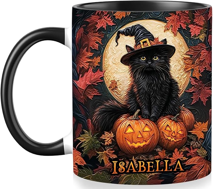Personalized Halloween Black Cat Mug - Custom Decor Gift for Women - Spooky Season Accent Mug with Names