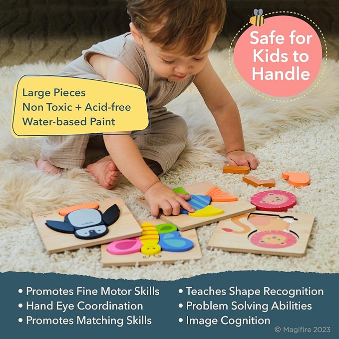 MAGIFIRE Toddler Puzzles Wooden Set of 4-4-Pack Multicolor Wood Animal Shapes with Storage Bag & Giftable Box - Wooden Puzzles for Toddlers 1-3 - Shape Recognition & Fine Motor Skills