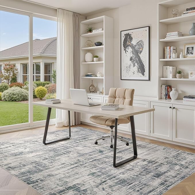 Area Rug for Living Room: 7x9 Washable Neutral Abstract Modern Soft Rugs Non Slip Indoor Floor Stain Resistant Large Carpet for Bedroom Dining Room Office Nursery - Gray