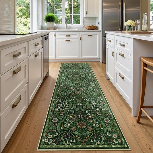 2x6 Washable Runner Rug,Dark Green Floral Boho Area Rug for Hallway,Low-Pile Non-Slip Stain Resistant Carpet for Kitchen, Bedside,Laundry Room,Entryway