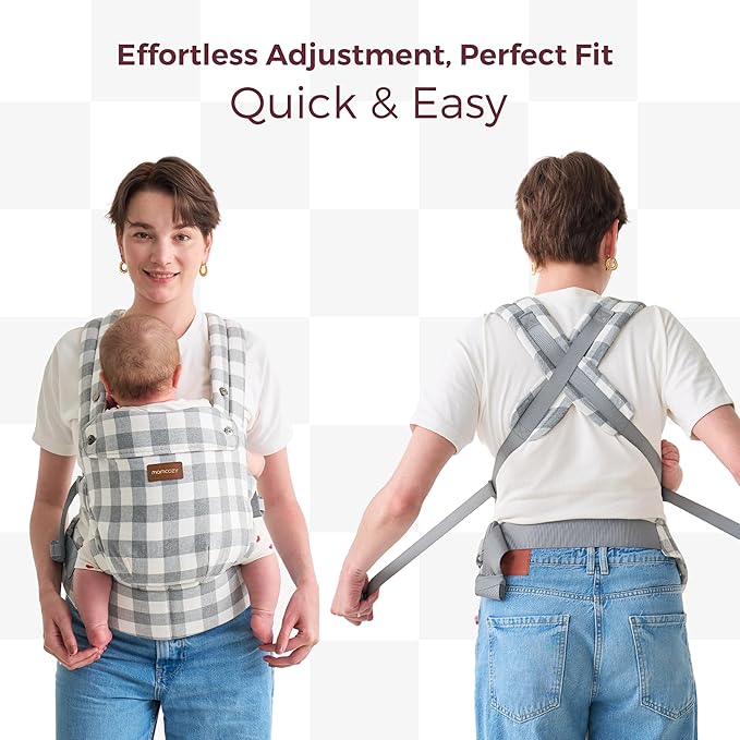 Momcozy Baby Carrier with Natural Cotton Linen, Built to Last, Ergonomic Design, Lightweight and Comfortable, Hands-Free for Moms&Dads, Slate Checkerboard
