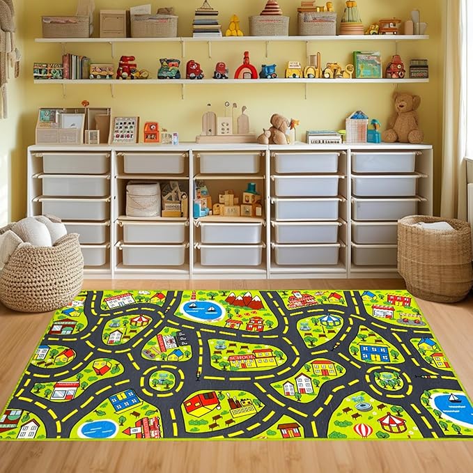 Car Rug for Kids 2.6x5 Feet - City Road Track Rug, Educational Car Floor Mats for Kid Room Playroom Games Room