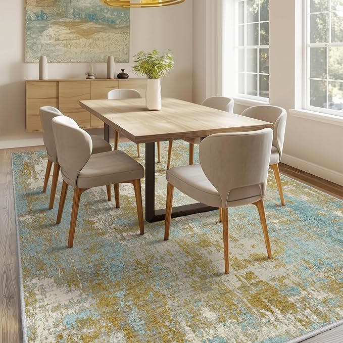 Washable Area Rugs 6'x9' Non-Slip Modern Abstract Soft for Living Room Entryway Bedroom Nursery, Print Pattern, Teal Blue Taupe