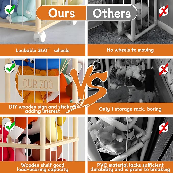 Stuffed Animal Toy Storage, 53 Inch Tall Wooden Toy Storage Rack Space-Saving Plushie Toy Organizers and Storage on Playhouse,Playroom,Bedroom -No Tools Easy Assembly