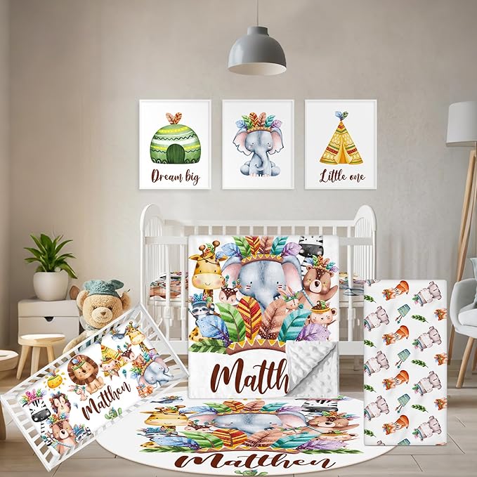 Custom Crib Bedding Set, 5 Pcs Customized Baby Crib Set with Name, Double Layer Baby Bedding Set for Girls Boys, Personalized for Nursery Infants Toddlers, Cute Animals
