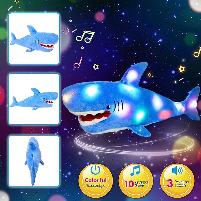 Cuteoy Light-up Singing Plush Shark LED Musical Stuffed Animal Adjustable Volume Lullaby Plushies Birthday Christmas Toy Gifts for Kids Toddler Girls, 13"
