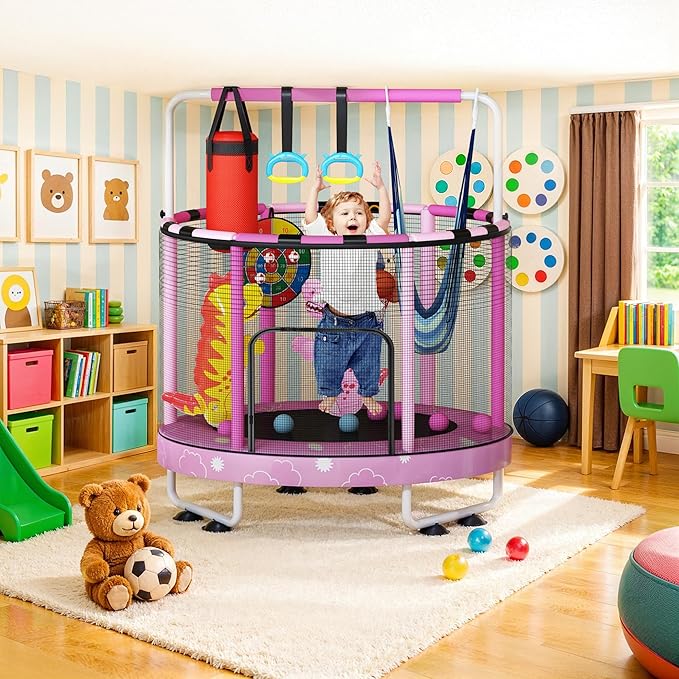 LAMERGE 55" 7-in-1 Round Trampoline for Kids Boys & Girls Ages 1-8, Indoor & Outdoor Trampoline for Fun, Adjustable Height Handrail ＆ Enclosed Safety Net ＆ Durable Designs for Toddlers Children