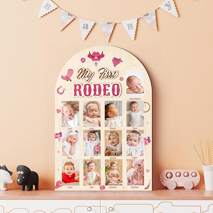 R HORSE My First Year Photo Frame Board, 3D Western Cowgirl Birthday Decorations Display Wood Board, Baby First Year Picture Frame 12 Months Milestone 1st Birthday Nursery Decor Gift for Girl
