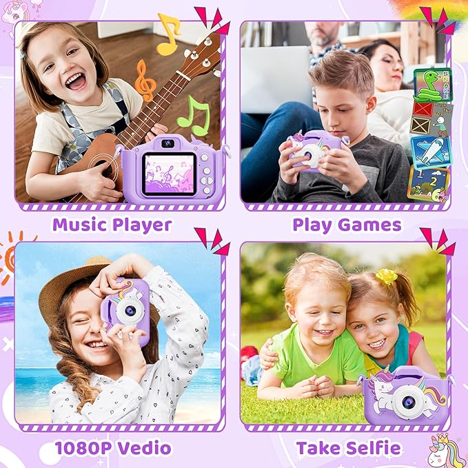 Kids Camera, Toys for Toddlers Age 3-8 Year Old Girl Christmas Birthday Gifts, Children Digital Camera with Cartoon Soft Silicone Cover and 32GB Card (Violet)