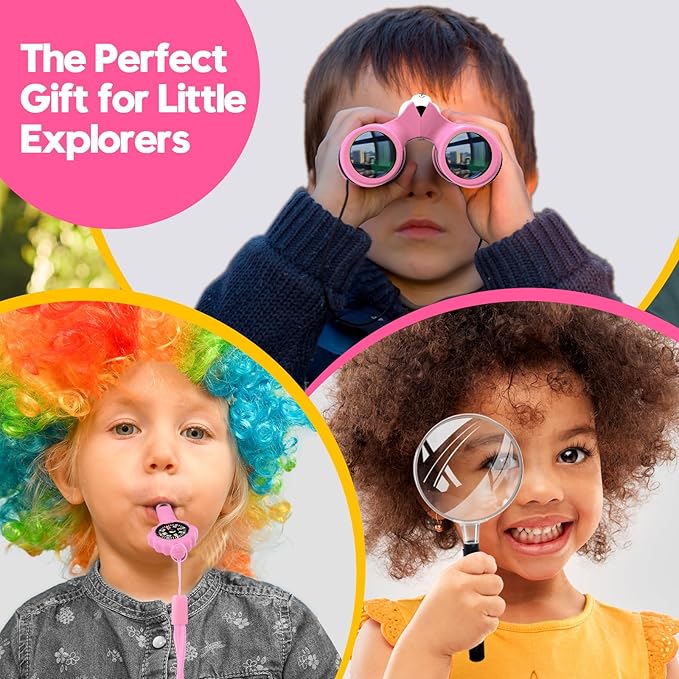 Binoculars for Kids, Toys for 3-12 Year Old Girls and Boys, Bird Watching Hiking Outdoor Learning Toy with Magnifying Glass &Compass, Birthday Easter Gifts Toys for Boy Kid Ages 3-6 (Pink)
