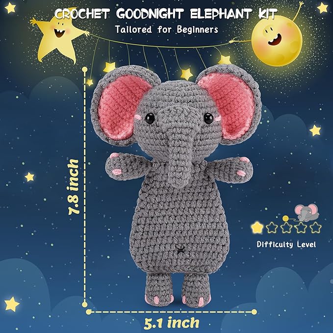 Crochet Kit for Beginners - Elephant Crochet Kits with Step-by-Step Video Tutorials, Beginner Crochet Kit for Adults, Crochet Animal Kit for Kids, Goodnight Elephant Crocheting Set (Grey)