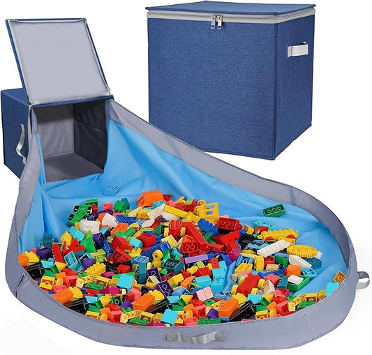 SAM AND MABEL Toy Storage Organizer with Play Mat for Kids – 13" x 13" x 13" Storage Box, Stackable and Foldable Cubby Baskets for Playroom, Nursery Bins for Boys and Girls (Noble Blue)