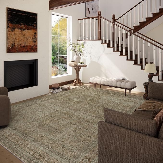 Washable Area Rugs for Living Room: 8x10 Bedroom Rug Boho Vintage Rugs Stain Resistant Non Slip Low Pile Lightweight Soft Carpets for Dining Room Kitchen Nursery Kids Room Farmhouse Living Room
