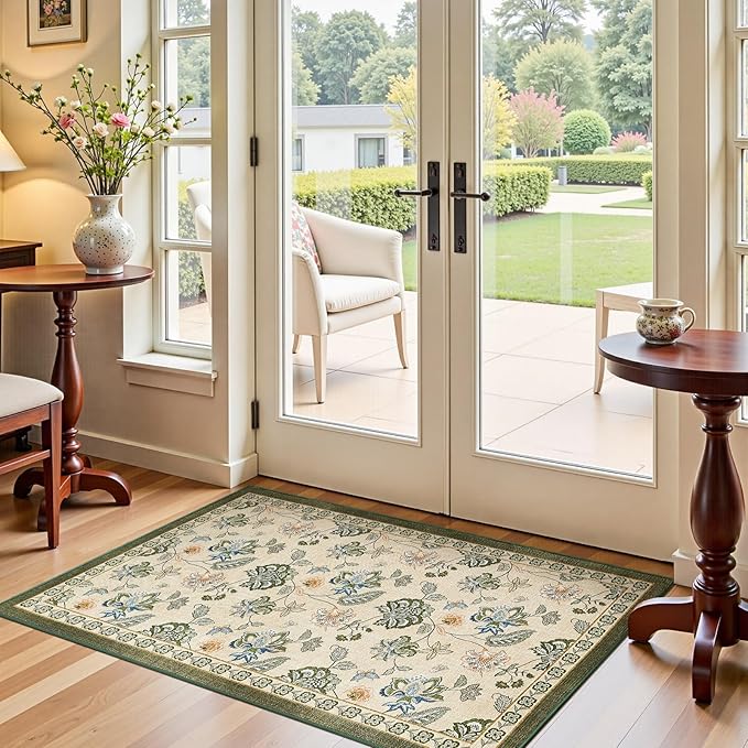 jinchan 3x5 Floral Rug for Entryway Washable Kitchen Rug Vintage Romance Design Small Mat Non Slip Indoor Doormat Lightweight Low-Profile Throw Carpet for Entrance Bathroom Laundry Room, Green/Beige