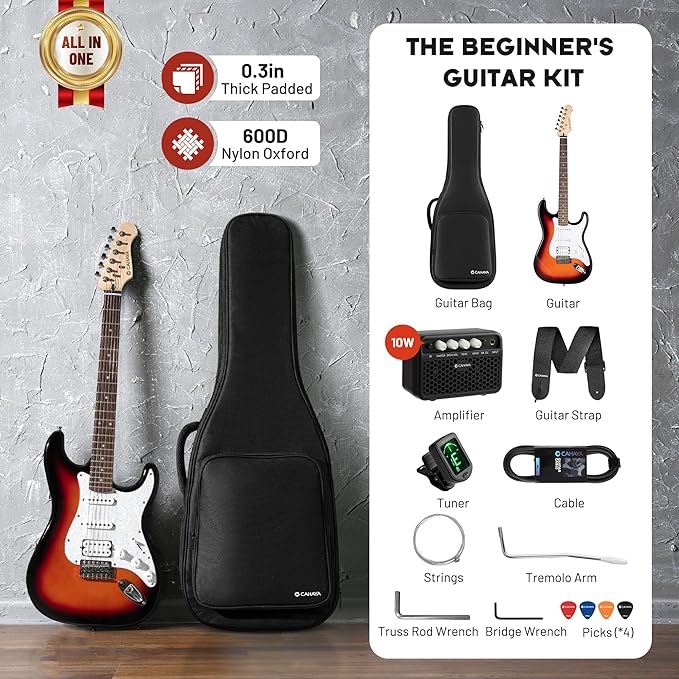 CAHAYA Electric Guitar Kit 39in - Full Size Electric Guitar Kit for Beginner Starter Poplar Solid Body with 10W Amplifier, Gig Bag, Strap, Tuner, Cable, String, Picks