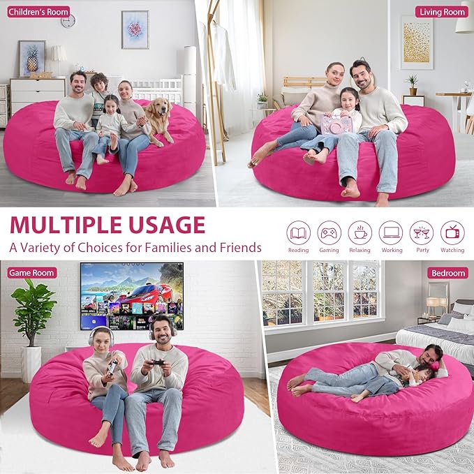 7FT Bean Bag Chair, Large Bean Bag Chairs with Memory Foam Filled, Fluffy Beanbag Sofa with Dutch Velvet Cover, Round BeanBag Chairs for Living Room, Playroom - Pink