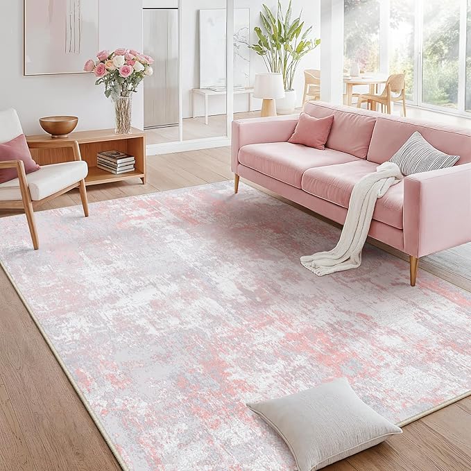 Washable Area Rugs 7'x9' Non-Slip Modern Abstract Soft for Living Room Entryway Bedroom Nursery, Print Pattern, Grey Pink