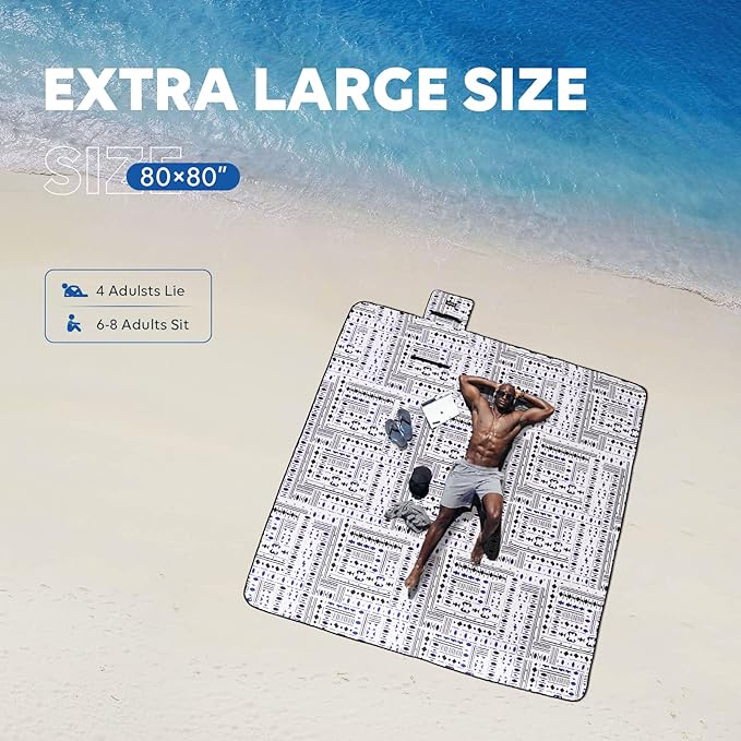 ZAZE Picnic Blankets Beach Blanket with Stakes, Thick 3-Layer Waterproof Sandproof 80 * 80 Oversized Mat, Foldable Extra Large Big, Machine Washable Accessories for Outdoor Camping Park (Black Blue)